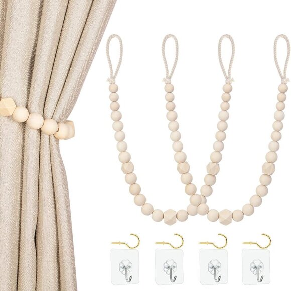 Wood Bead Curtain Tiebacks, Set of 2 Curtain Holdbacks for Thin or Thick Window - Picture 1 of 6